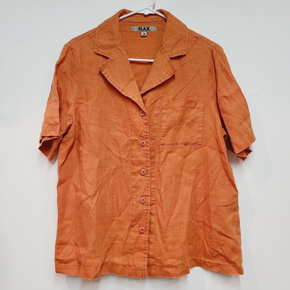 Flax Orange Button-Down Linen Short Sleeve Shirt